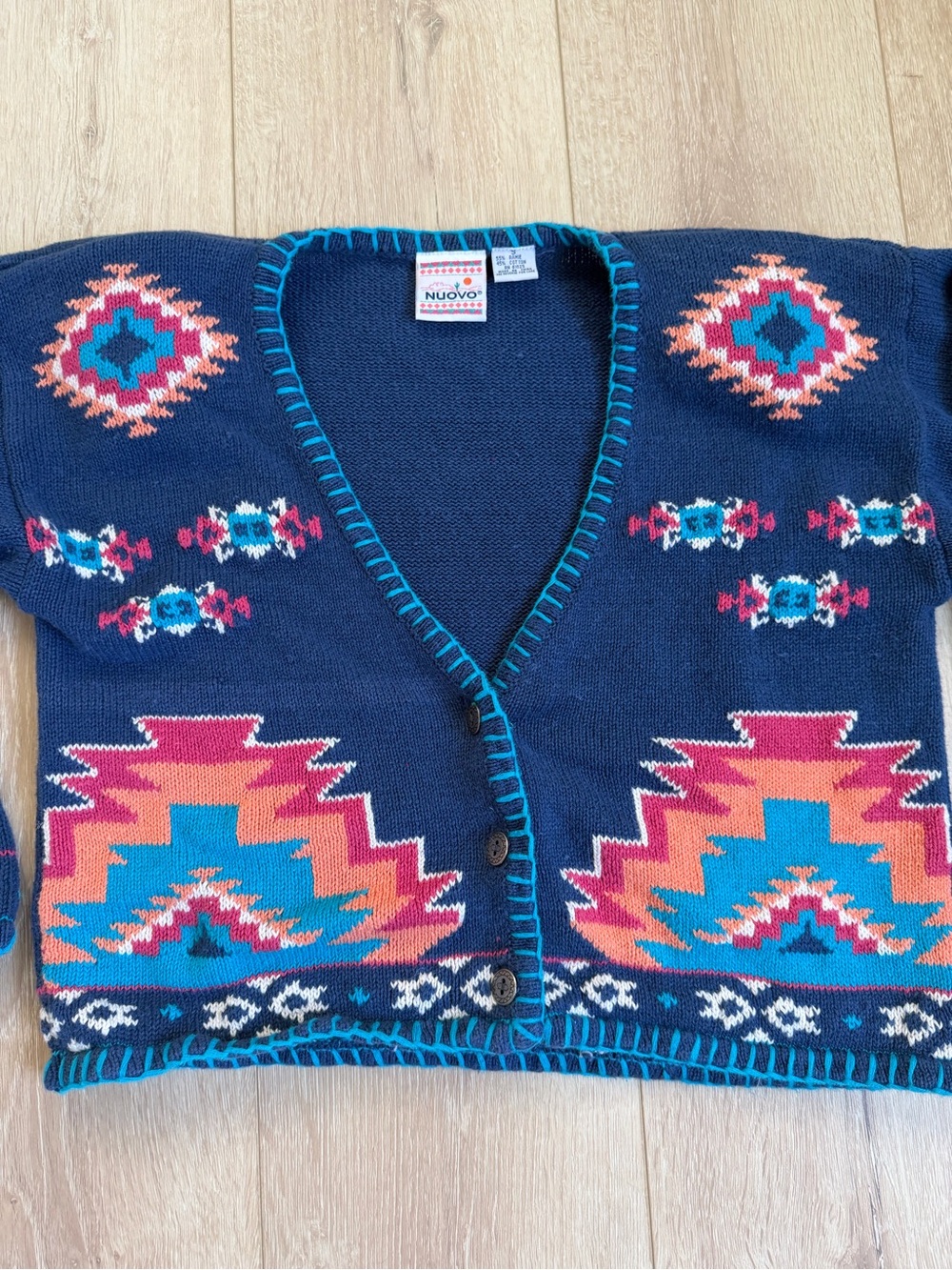 Vintage Nuovo Southwestern Knit Cardigan Sweater Blue Aztec Geometric V-Neck s